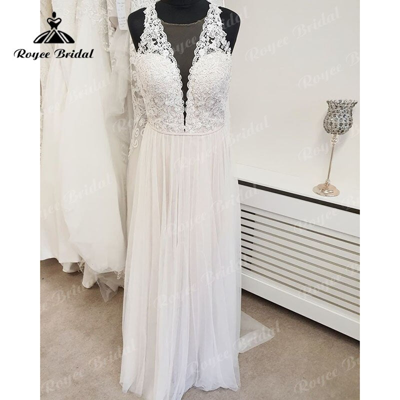 2023 vestidos boda civil Boho Lace Bodice Tulle Sleeveless A Line Beach Wedding Dress for Women vestido novia sencillo Elegant