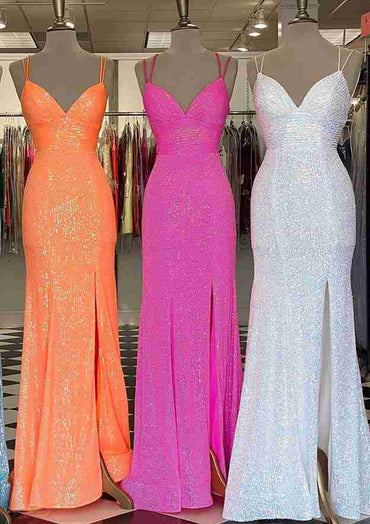 Sheath V Neck Sleeveless Floor-Length Sequined Prom Dress With Split Customized
