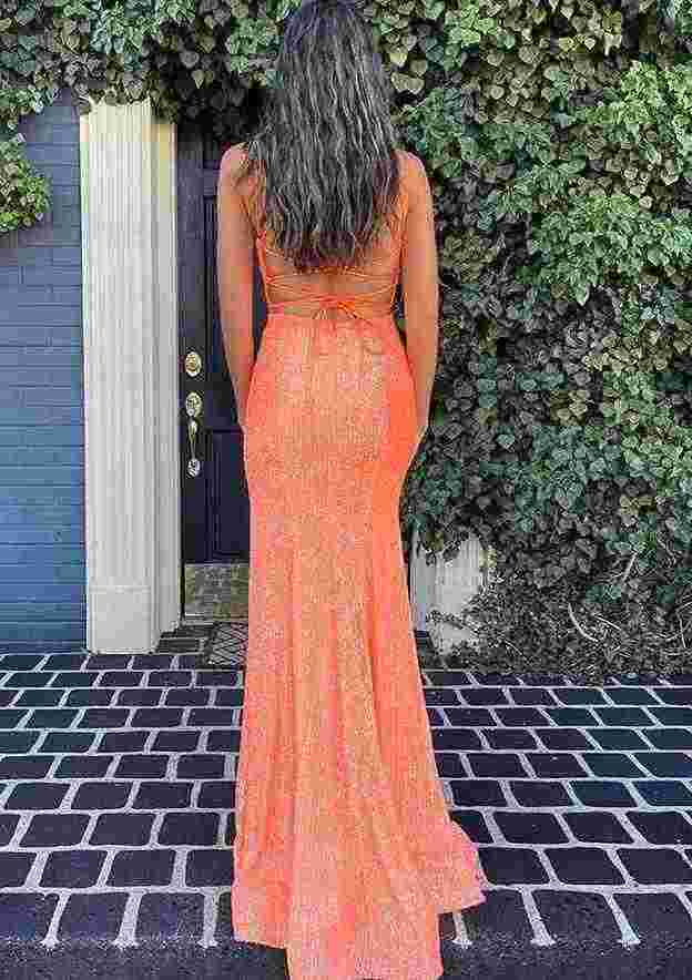 Sheath V Neck Sleeveless Floor-Length Sequined Prom Dress With Split Customized