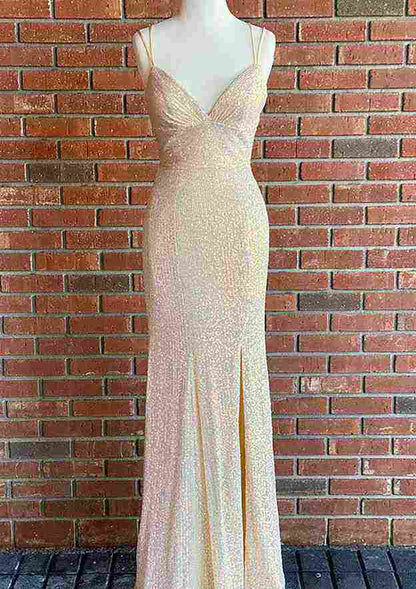 Sheath V Neck Sleeveless Floor-Length Sequined Prom Dress With Split Customized