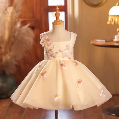Roycebridal Elegant Champagne Girl Dress Square Collar Dubai Kids Princess Birthday Wedding Party Child Holiday Pageant Gown J056