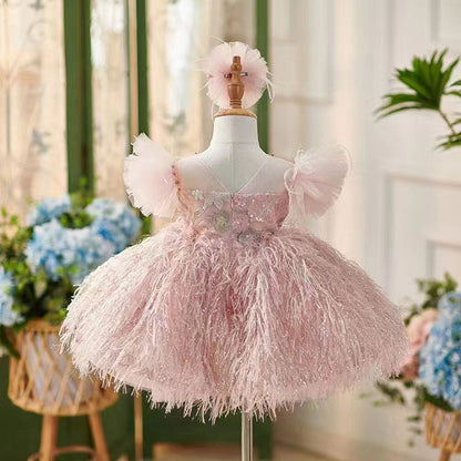 Roycebridal Elegant Pink Flower Girl Dresses with Hairband Feathers for Baby Kids Wedding Birthday Communion Party Pageant J082