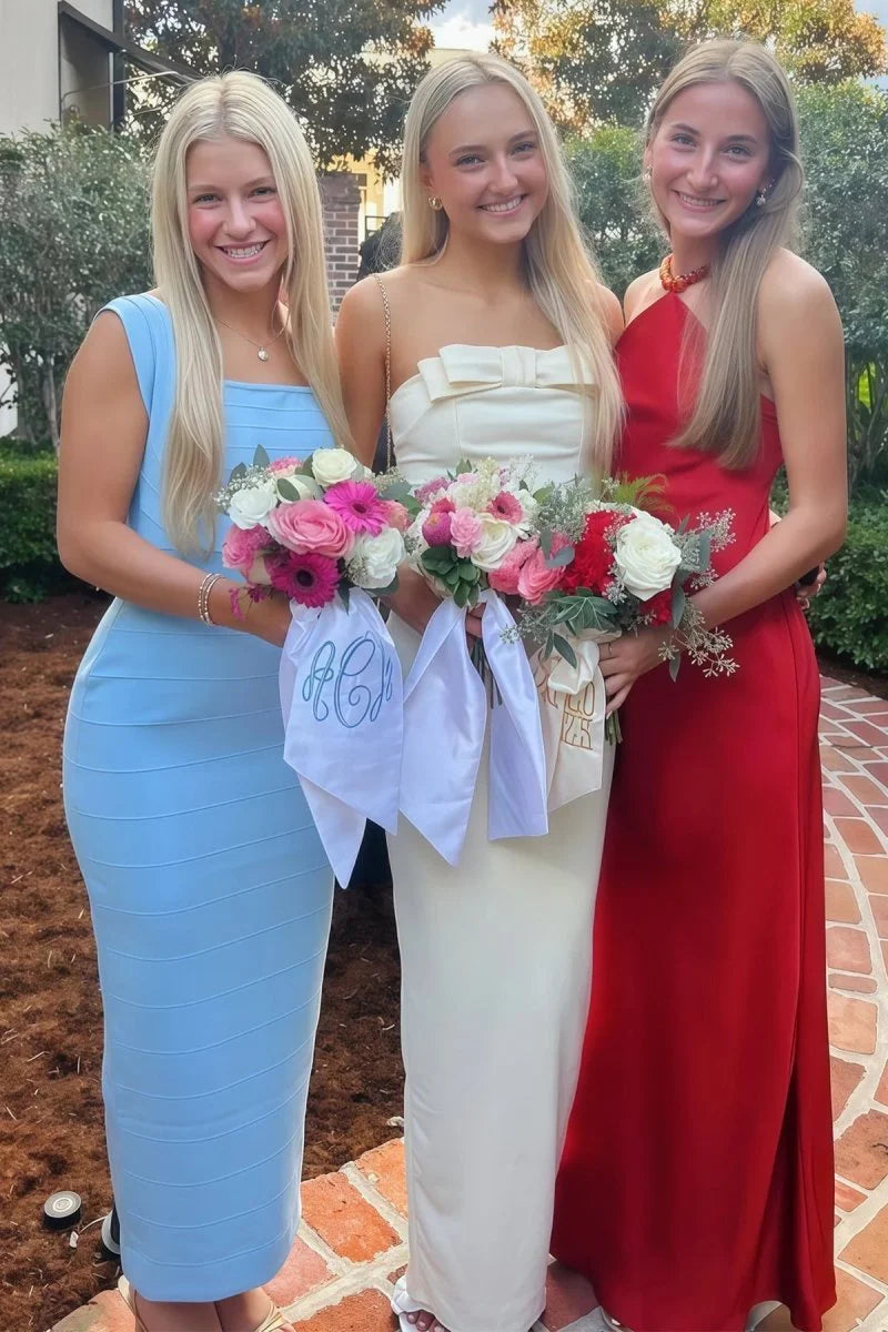 Yellow Strapless Sheath Bow Satin Long Formal Mermaid Prom Dress