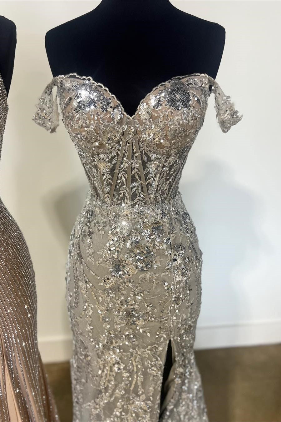 Roycebridal Soleil | Gold Sequin Lace Off the Shoulder Mermaid Prom Dress