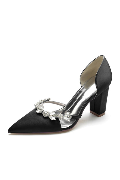 Crystal Strap Pointed Toe Block Heel Sandals