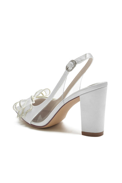 Rhinestone Bow Satin Block Heel Sandals