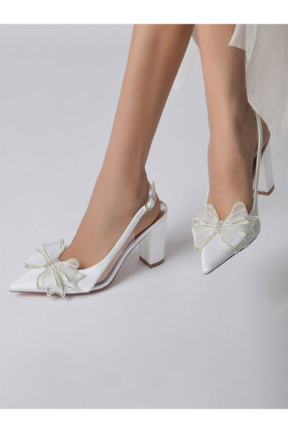 Rhinestone Bow Satin Block Heel Sandals
