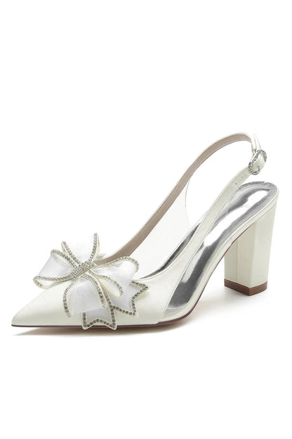 Rhinestone Bow Satin Block Heel Sandals