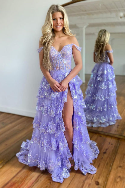 Roycebridal Princess A Line Off the Shoulder Corset Prom Dress with Lace Ruffles