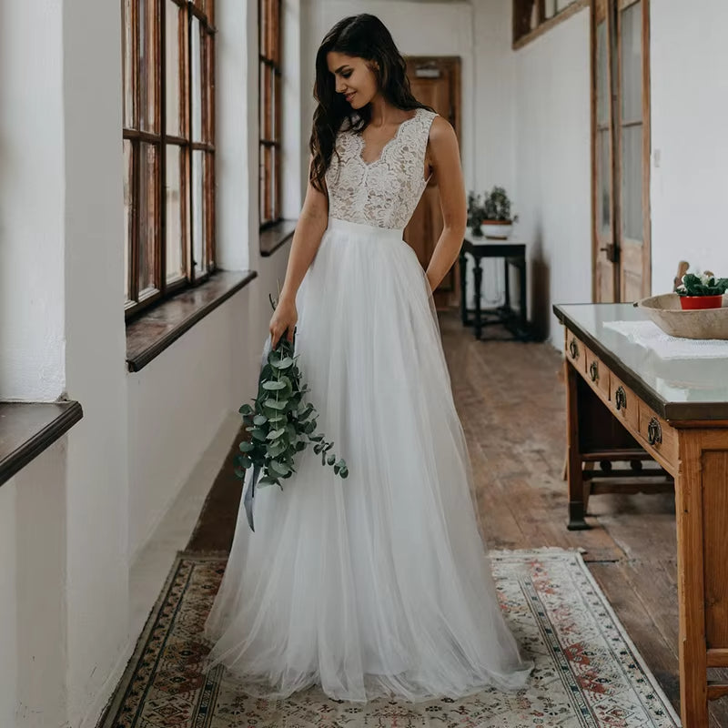 Ivory Country V Neck Open Back Lace A-Line Wedding Dress Customized