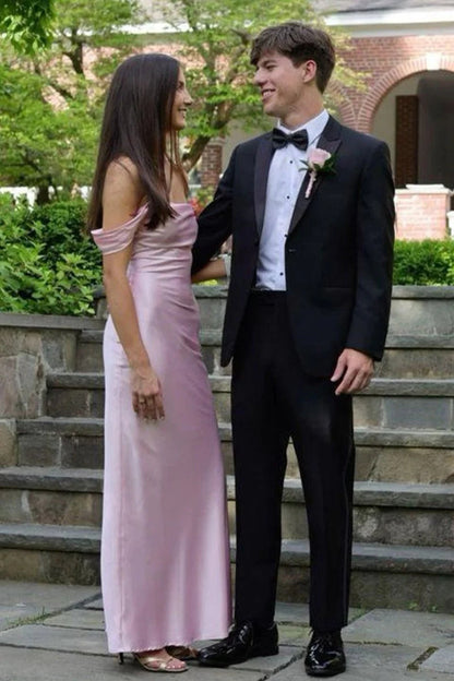 Pink Off The Shoulder Sheath Satin Long Mermaid Prom Dress