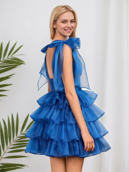 Robe de soirée trapèze bleu roi tendance à volants et nœud