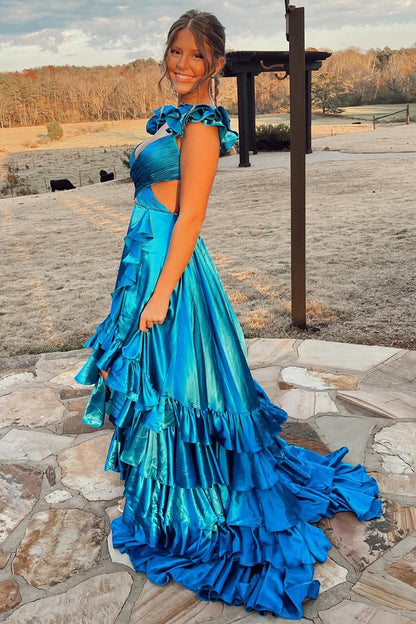 Roycebridal Brittany | Red Cutout Ruffle A-Line Long Prom Dress with Slit