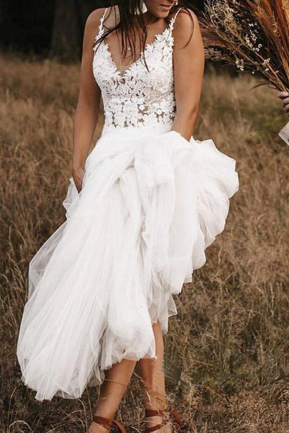 Ivory Boho Lace V Neck Spaghetti A-Line Wedding Dress Custom Made Customized