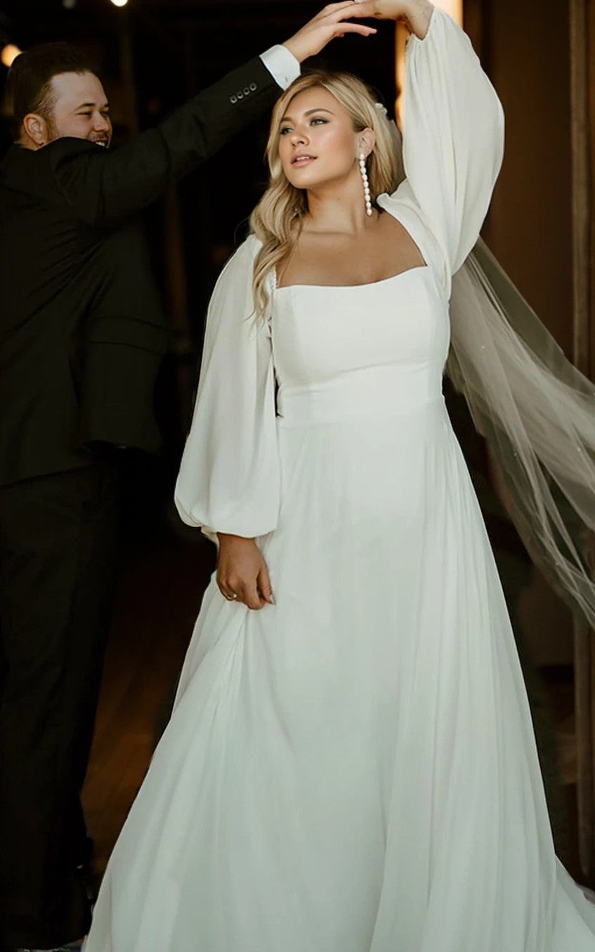 Ivory Plus Size Long Sleeve Chiffon A-Line Wedding Dress Custom Made Customized