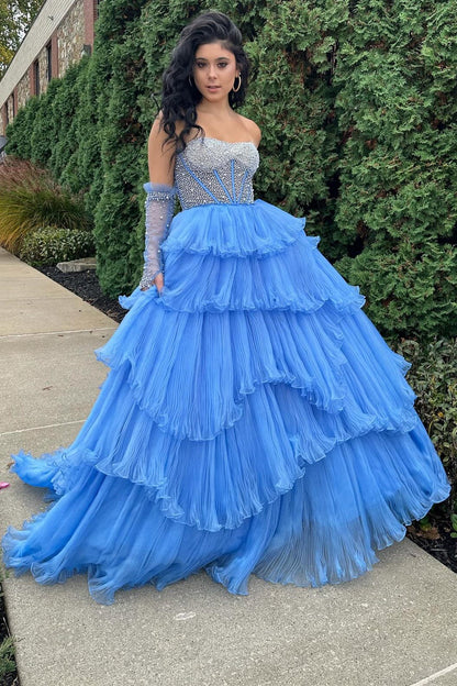 Roycebridal Lana |A-line Sweetheart Tiered Organza Prom Dress with Detachable Sleeves
