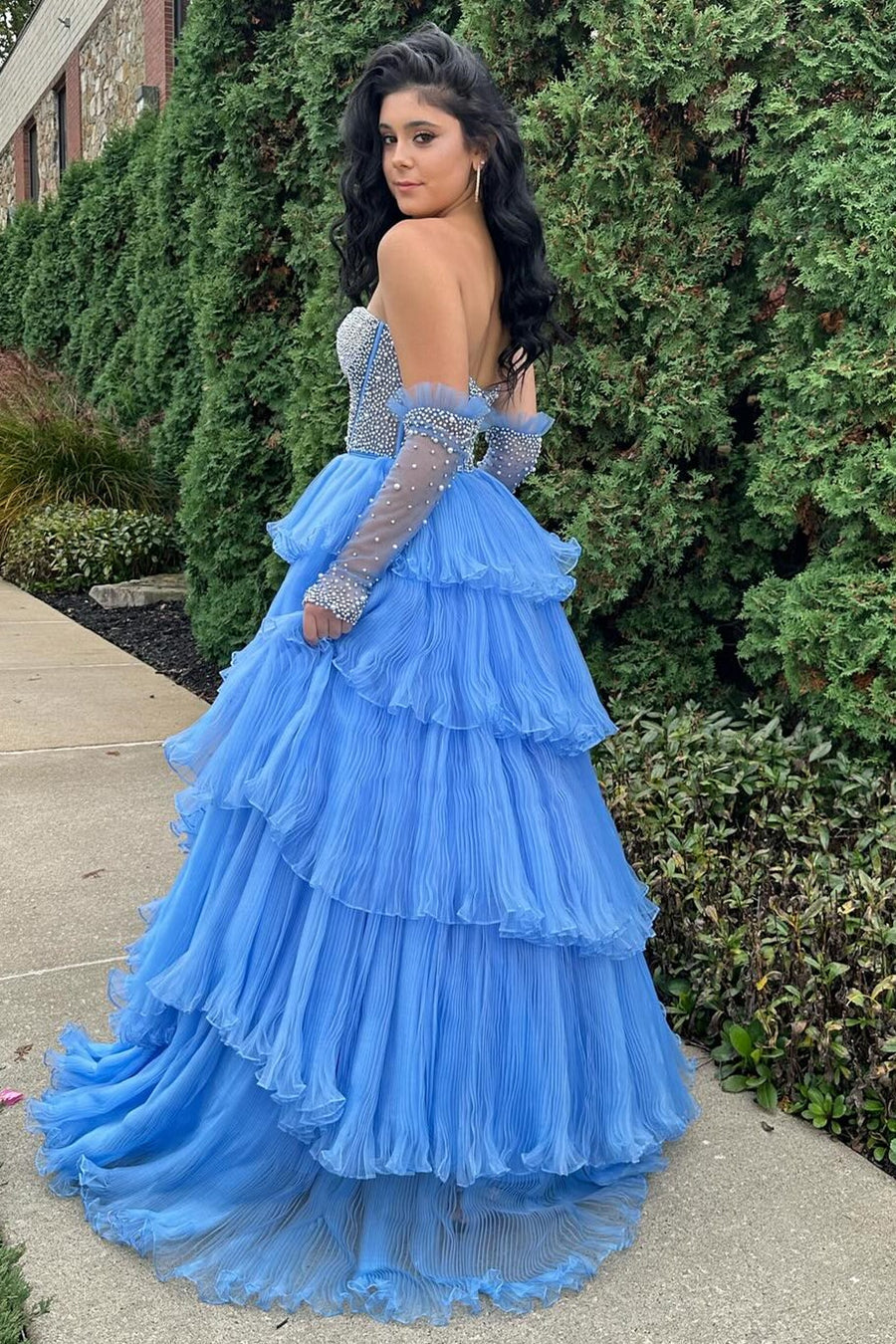 Roycebridal Lana |A-line Sweetheart Tiered Organza Prom Dress with Detachable Sleeves