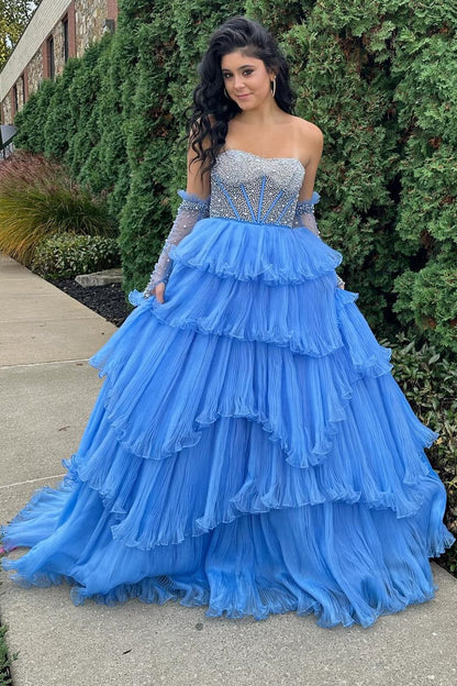 Roycebridal Lana |A-line Sweetheart Tiered Organza Prom Dress with Detachable Sleeves