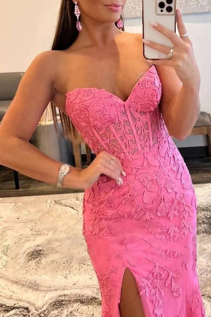 Slit Strapless Corset Lace Mermaid Prom Dress