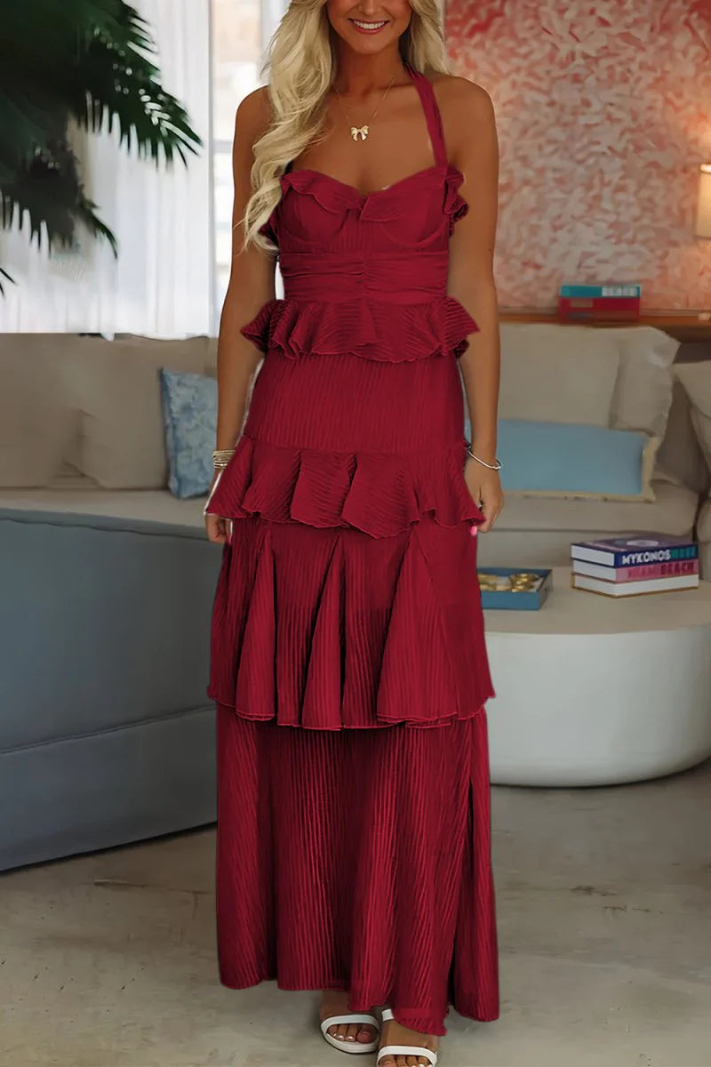 Sky Blue Halter Sheath Pleated Ruffles Chiffon Long Mermaid Prom Dress