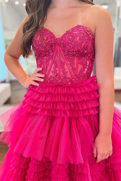 Roycebridal Adelyn |Fuchsia A-Line Sweetheart Tiered Tulle Prom Dress