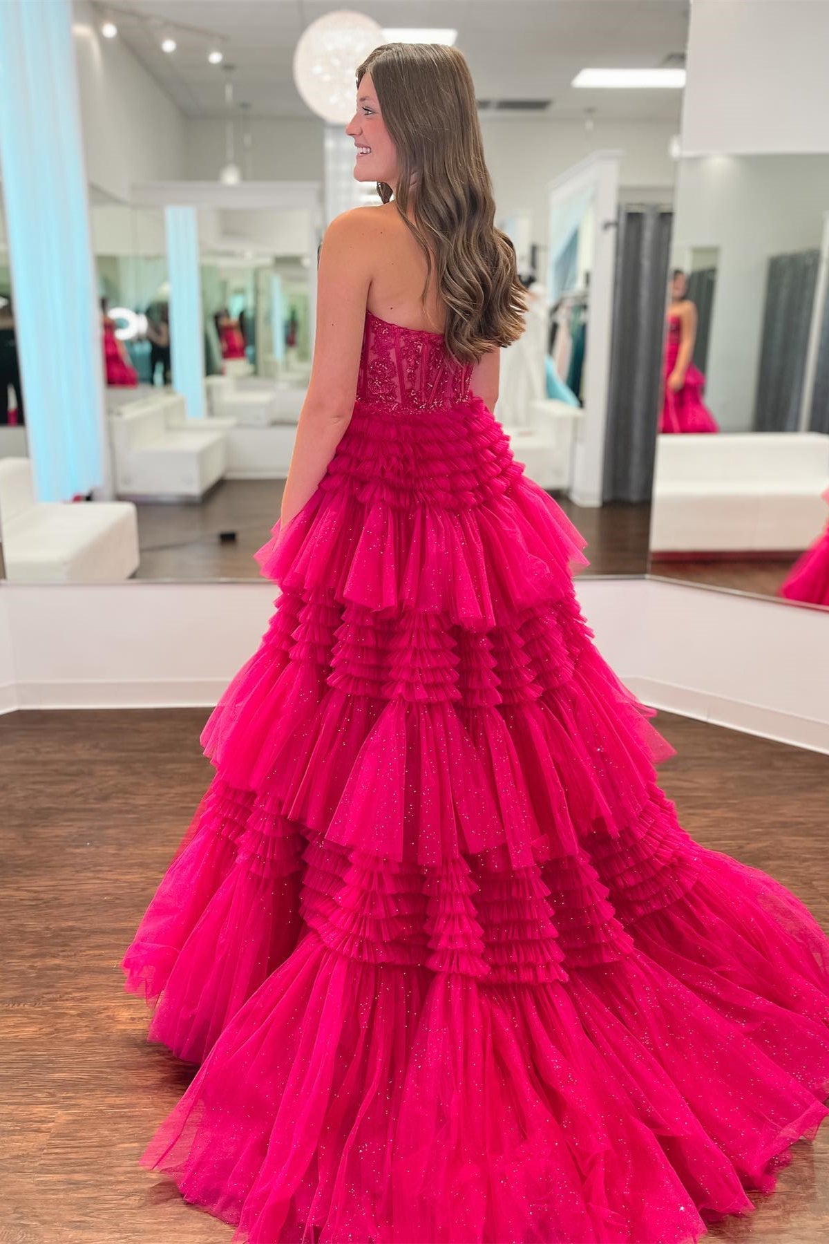 Roycebridal Adelyn |Fuchsia A-Line Sweetheart Tiered Tulle Prom Dress