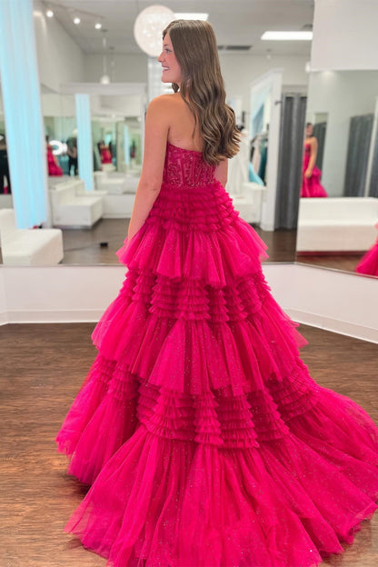 Roycebridal Adelyn |Fuchsia A-Line Sweetheart Tiered Tulle Prom Dress