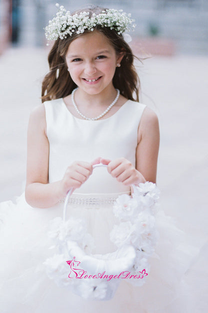 Sleeveless Satin Puffy Tulle Knee Length Flower Girls Dresses with Beaded Belt