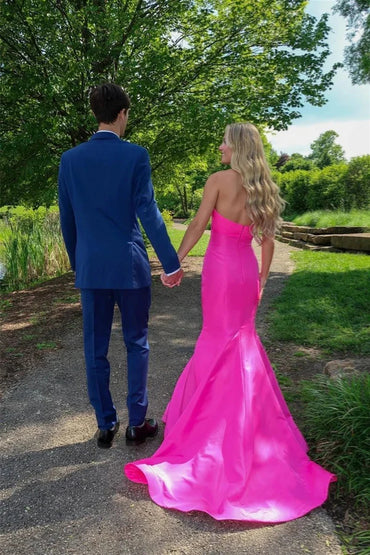 Pink Sweetheart with Bow Satin Mermaid Prom Dress