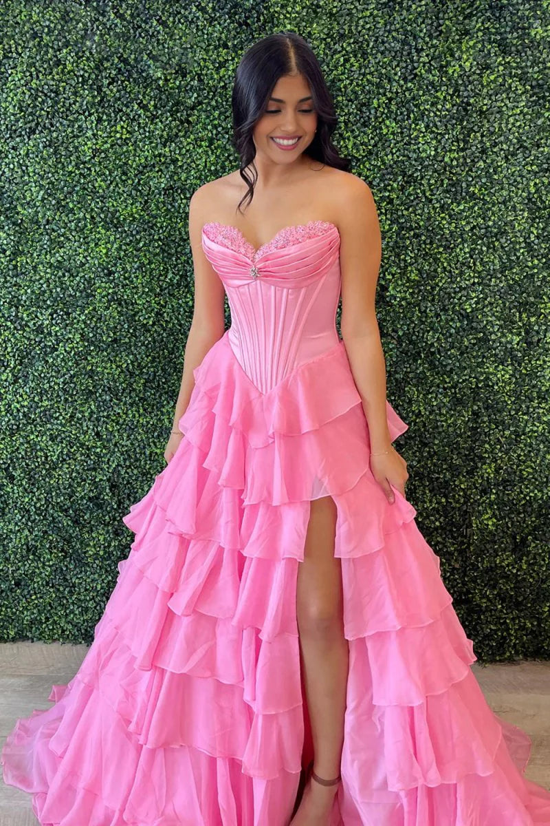 Pink Sweetheart Chiffon Ruffled With Beading Long Formal A Line Prom Dress