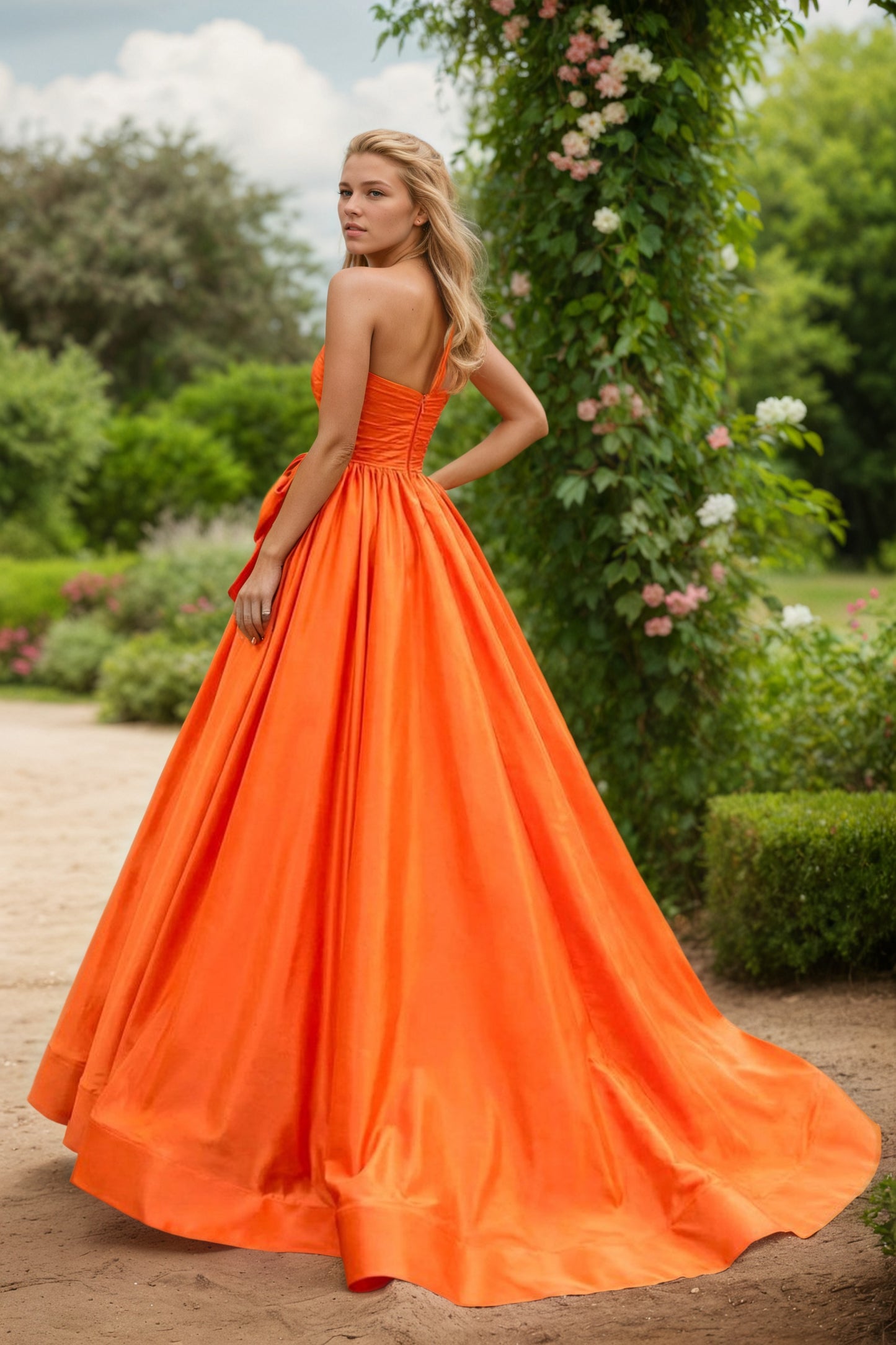 Orange One Shoulder Satin A Line Prom Dress With Bow