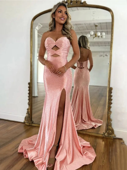 Glitter Yellow Sweetheart Beading Cut-out Long Mermaid Prom Dress