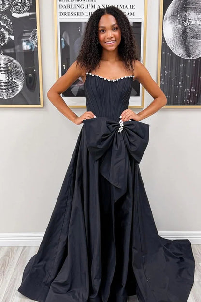 Black Strapless Bow Satin Pearl Long Formal A Line Prom Dress