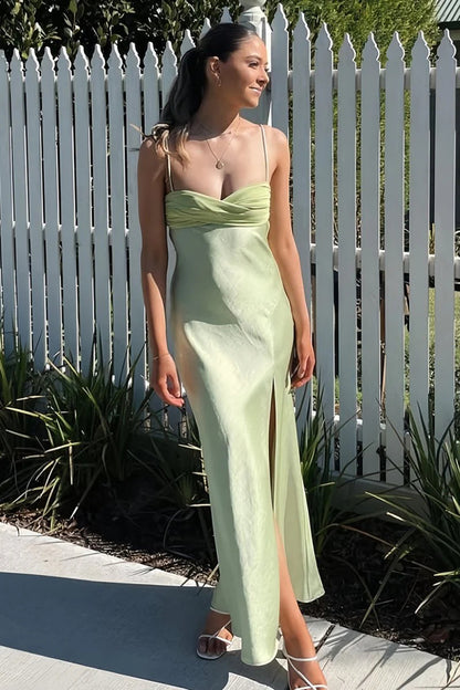 Sage Slit Spaghetti Straps Sheath Satin Pleated Formal Mermaid Prom Dress