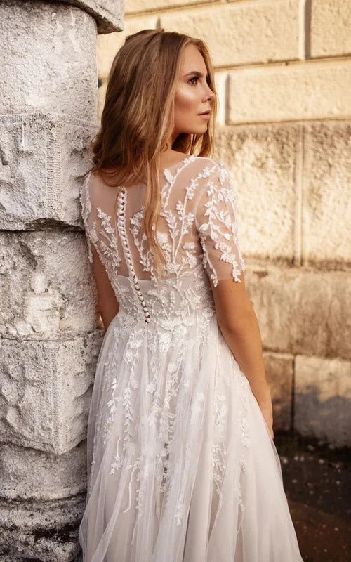 Boho Floral Short Sleeves Midi Lace Button A-Line Wedding Dress Custom Made Customized