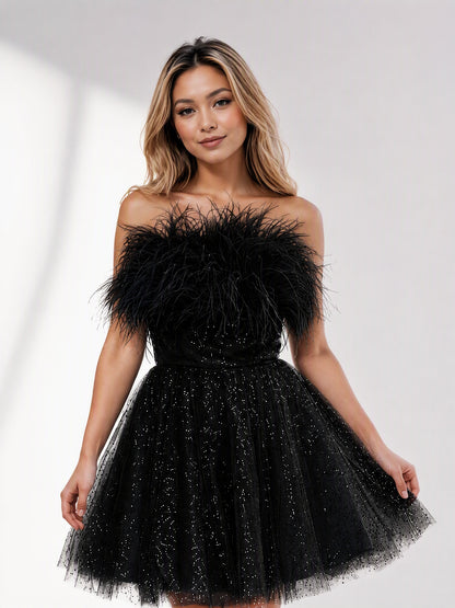 Black A-Line Fur Short Homecoming Dress with Sequin Customized