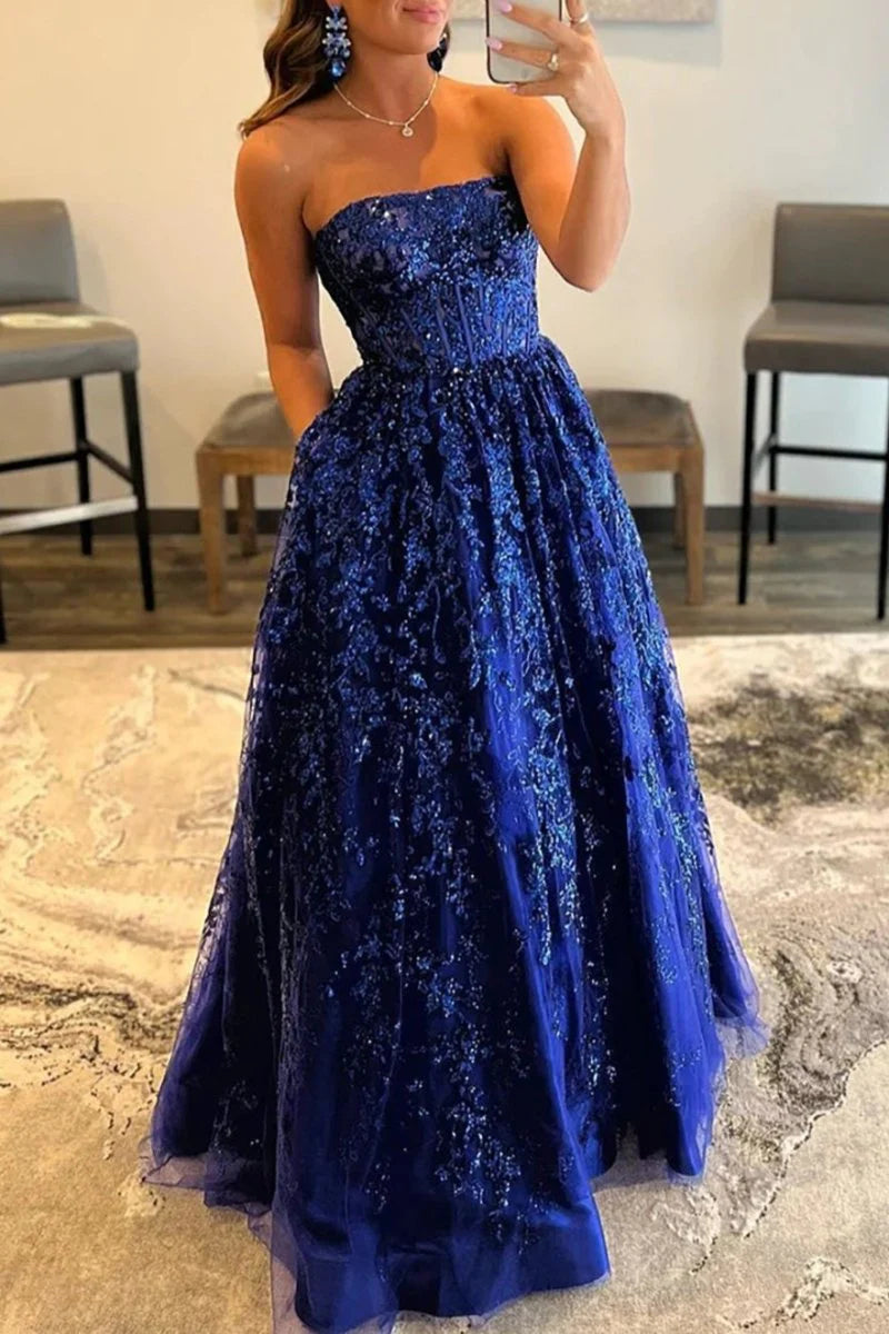 Sequined Lace with Pockets Long A Line Prom Dress