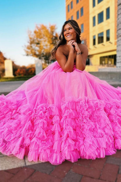 Roycebridal Rachael | Pink Sweetheart Tiered Tulle Long Prom Dresses