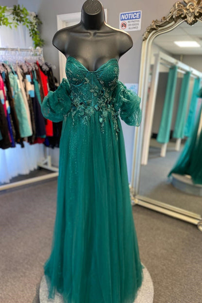 Roycebridal Tulle 3D Floral Lace Sweetheart A-Line Prom Dress with Slit