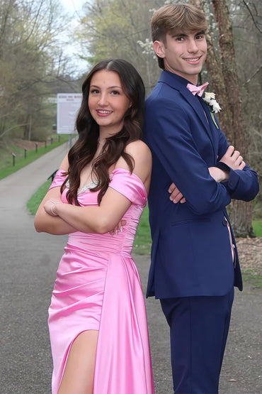 Pink Slit Off The Shoulder Satin Beaded Long Mermaid Prom Dress