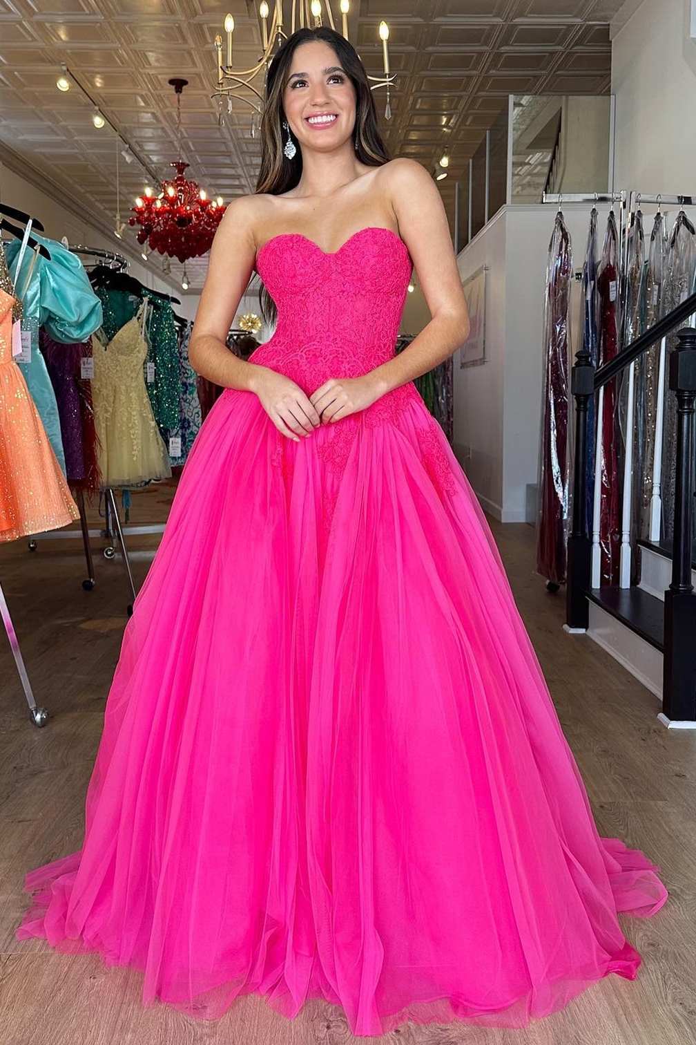 hot pink dress a line Hot Pink A Line Sweetheart Floral Chiffon Ruffled Long Prom Dresses With Slit Hot Pink / 10