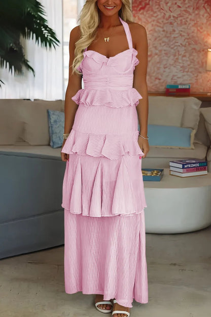 Sky Blue Halter Sheath Pleated Ruffles Chiffon Long Mermaid Prom Dress