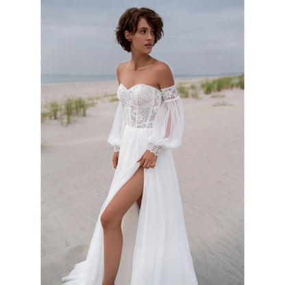 Boho Sweetheart Neck Long Puff Sleeve Lace Top A Line Wedding Dress