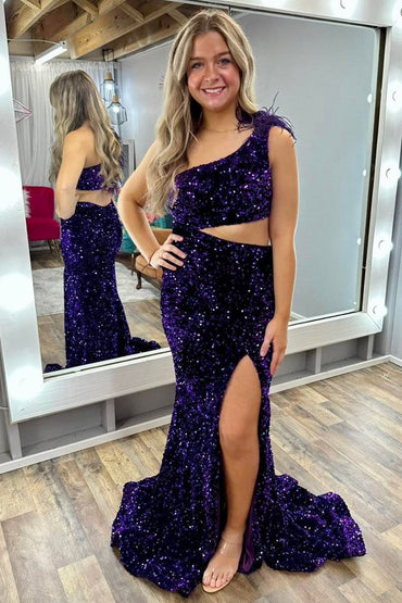 Paola | Sequin Feather One-Shoulder Mermaid Long Dress with Slit
