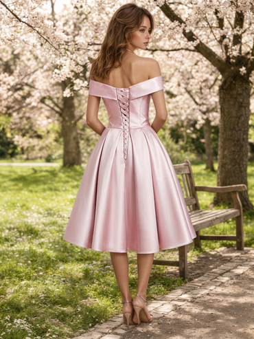 Blush Pink Off-the-Shoulder Satin Homecoming Dress with Lace-Up Back Customized