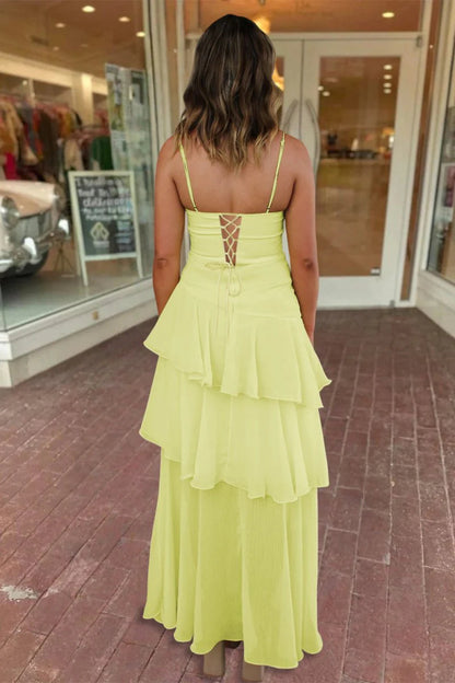 Yellow Spaghetti Straps Sheath Chiffon Pleated Ruffles Formal A Line Prom Dress