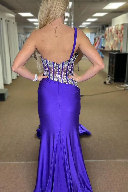 Roycebridal Laylani | Blue Mermaid One Shoulder Long Prom Dresses with Beaded