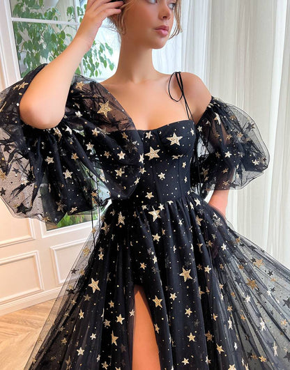 Roycebridal Tara | Side Slit Black Prom Dress with Stars