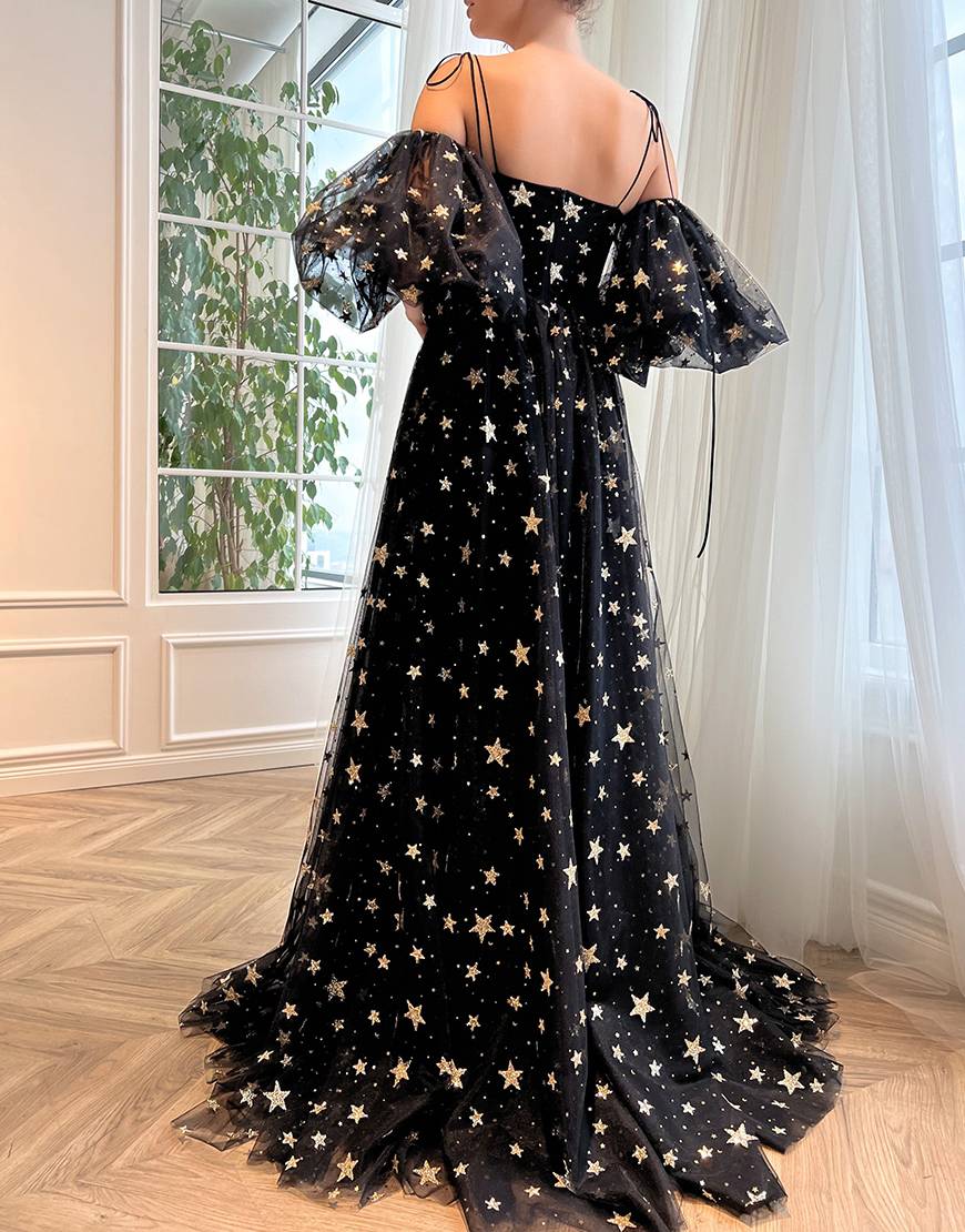 Roycebridal Tara | Side Slit Black Prom Dress with Stars
