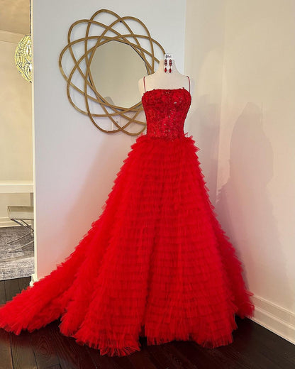 Roycebridal Jordan | A-Line Tiered Sequins Tulle Long Prom Dress